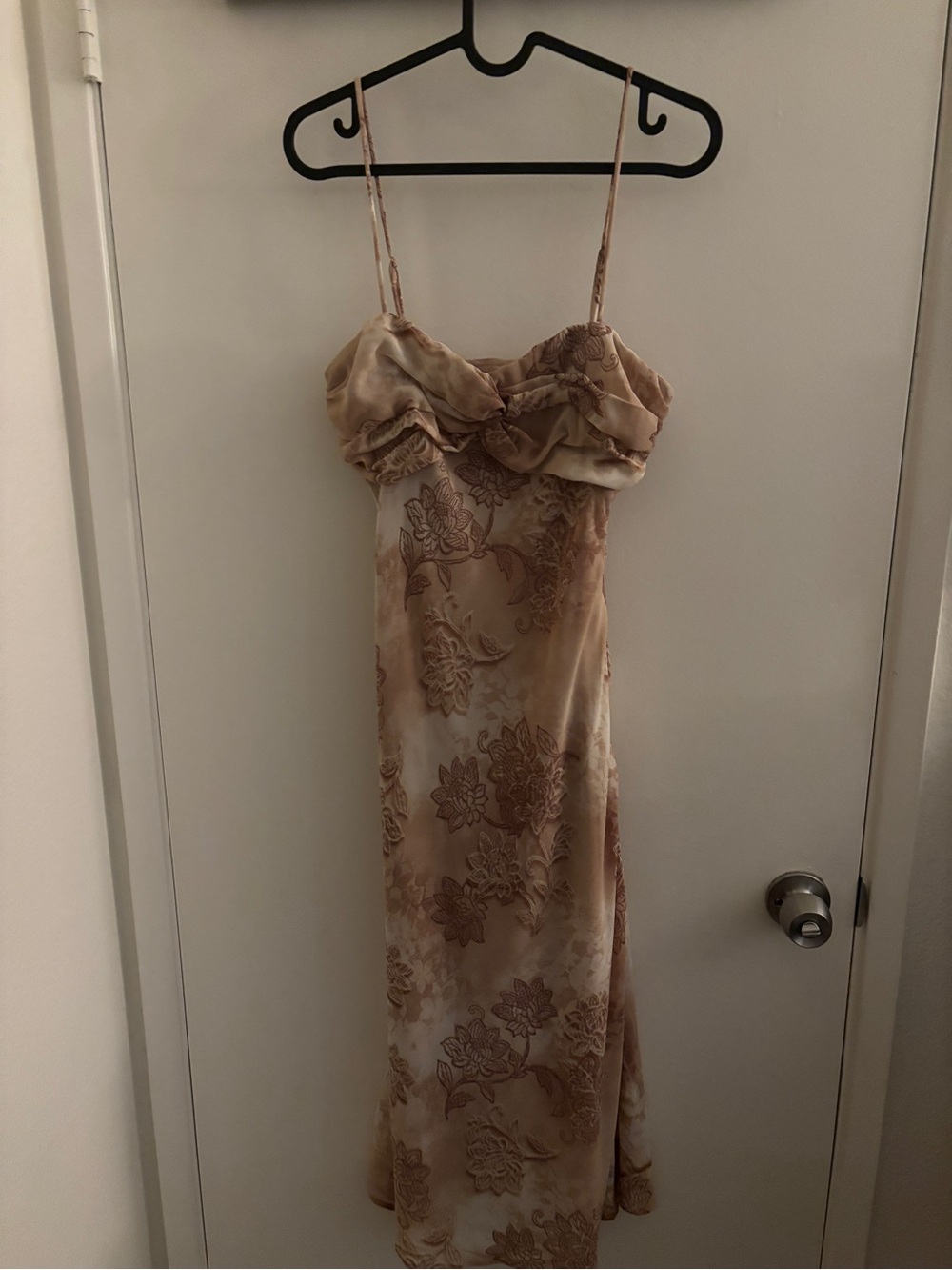 Floral Beige Midi Slip Dress with Spaghetti Straps